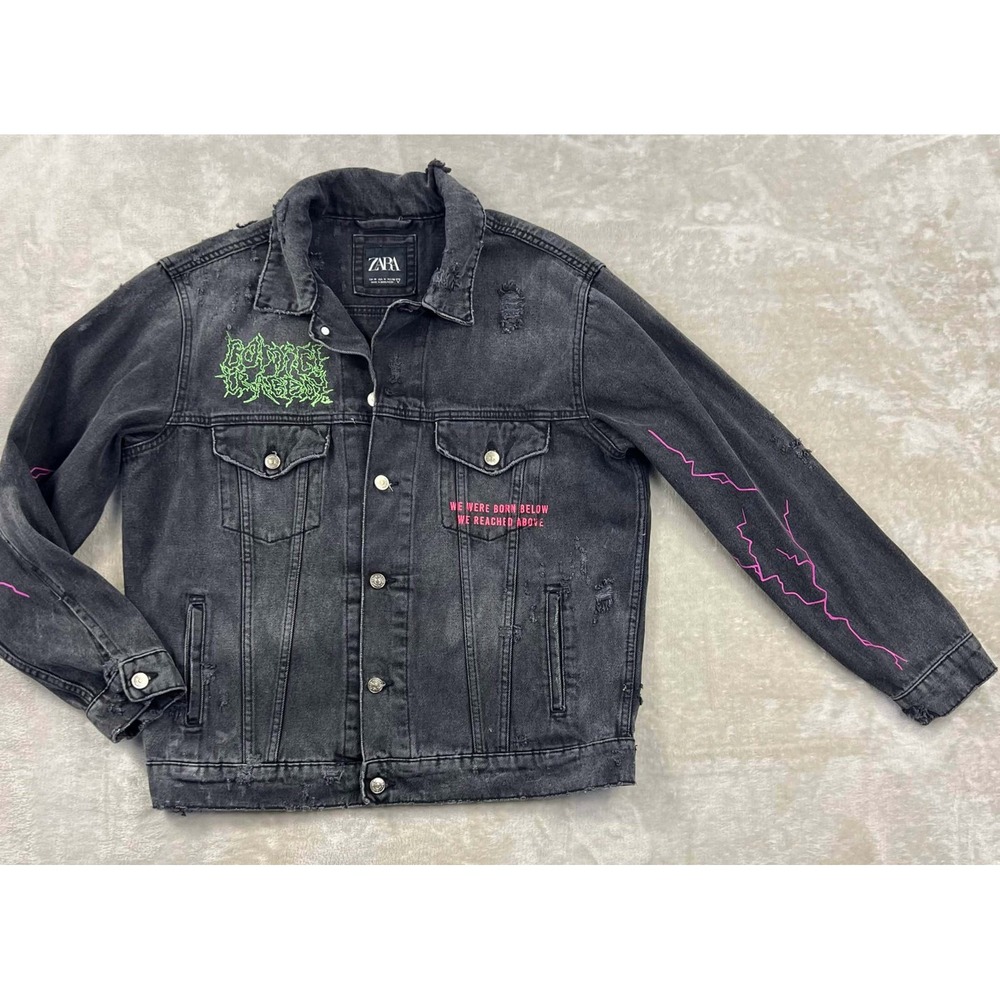 Zara Man Distressed Black Denim Jacket Graphic Moth Neon Green Pink Mens Medium